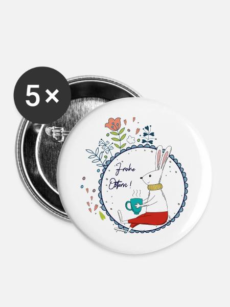 Osterhase mit Teetasse - Buttons mittel 32 mm (5er Pack) - Weiß