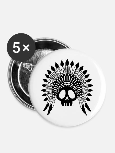 Indian Chief Skull (Schwarz) - Buttons mittel 32 mm (5er Pack) - Weiß