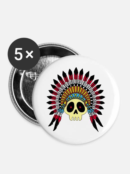 Indian Chief Skull (Farbe) - Buttons mittel 32 mm (5er Pack) - Weiß