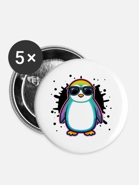 Pinguin-Regenbogengläser - Buttons mittel 32 mm (5er Pack) - Weiß