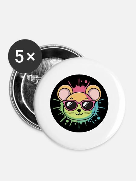 Regenbogenmaus Neonbrillenabzeichen - Buttons mittel 32 mm (5er Pack) - Weiß