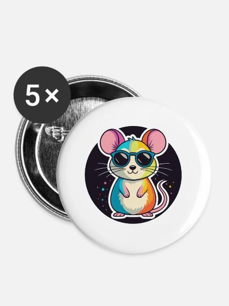 Regenbogen-Maus-Brille - Buttons mittel 32 mm (5er Pack) - Weiß