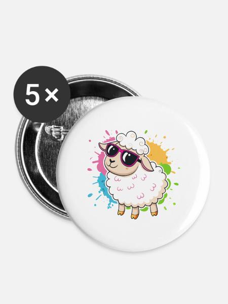 Bunte Schaf-Chic-Brillen - Buttons mittel 32 mm (5er Pack) - Weiß