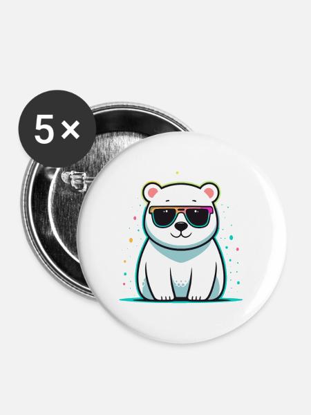 Eisbär-Glänzende Brillen - Buttons mittel 32 mm (5er Pack) - Weiß