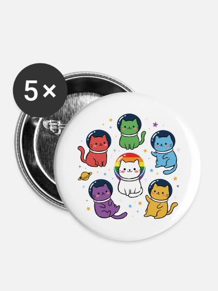 Pride-Monat LGBT – Rainbow Space Cats - Buttons mittel 32 mm (5er Pack) - Weiß