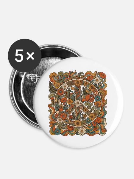 Peace 60er Blumen - Buttons mittel 32 mm (5er Pack) - Weiß