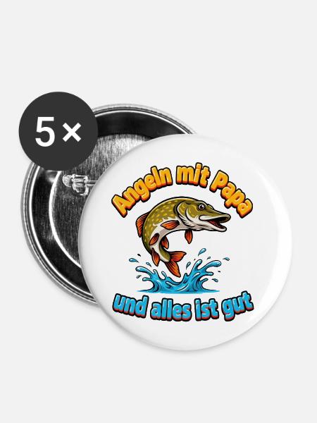 Angeln mit Papa - Buttons mittel 32 mm (5er Pack) - Weiß