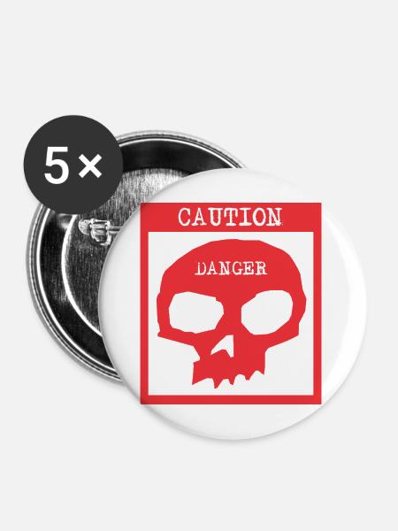 Caution Danger Totenkopf Warnschild - Buttons mittel 32 mm (5er Pack) - Weiß