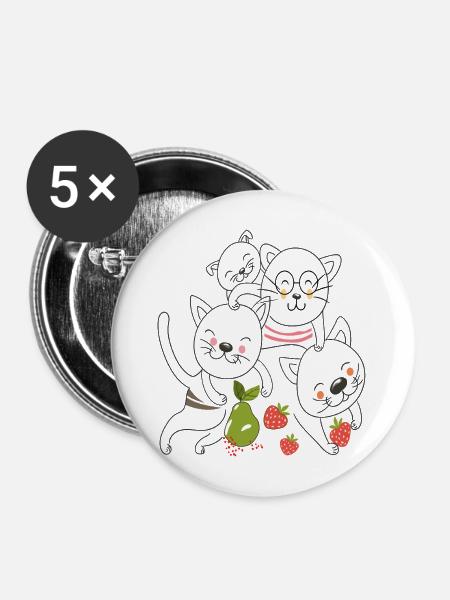 Katzen mit Obst - Buttons mittel 32 mm (5er Pack) - Weiß