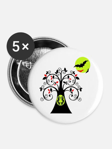 Baum mit Eule Halloween - Buttons mittel 32 mm (5er Pack) - Weiß