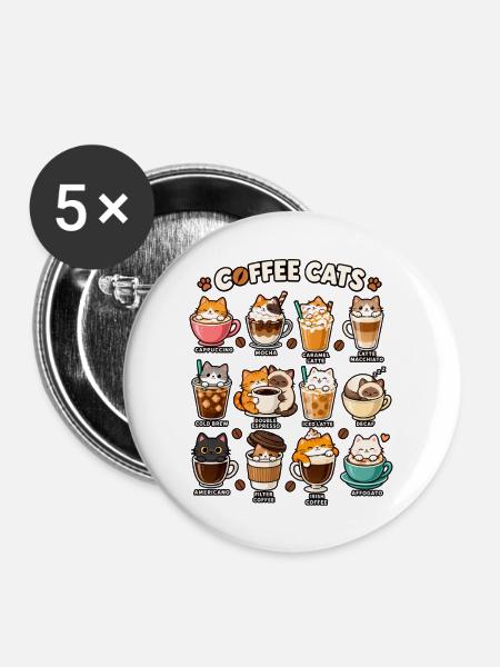 Katzenkaffee Kollektion: Kaffeekatzen - Buttons mittel 32 mm (5er Pack) - Weiß