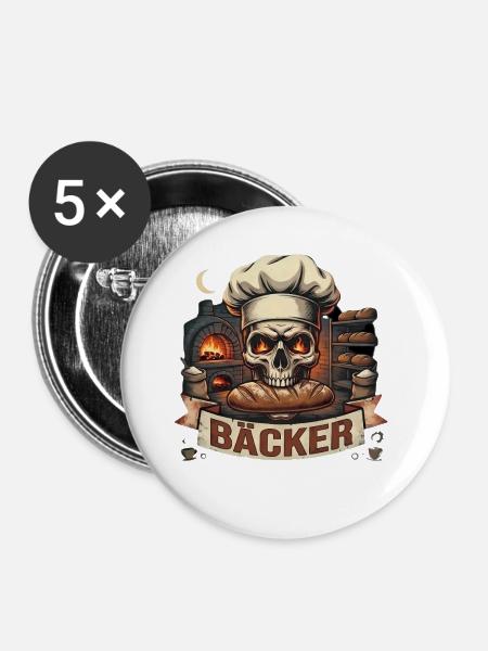 Totenkopf Bäcker Motiv - Buttons mittel 32 mm (5er Pack) - Weiß