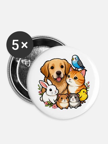 Bunte Tierfreunde 🐶🐱🐰🐹🐥🦜 - Buttons mittel 32 mm (5er Pack) - Weiß