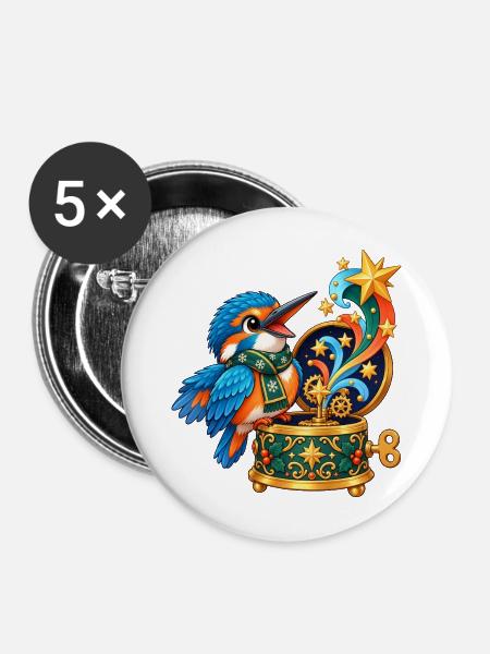 Eisvogel mit Kometen-Spieluhr - Buttons mittel 32 mm (5er Pack) - Weiß