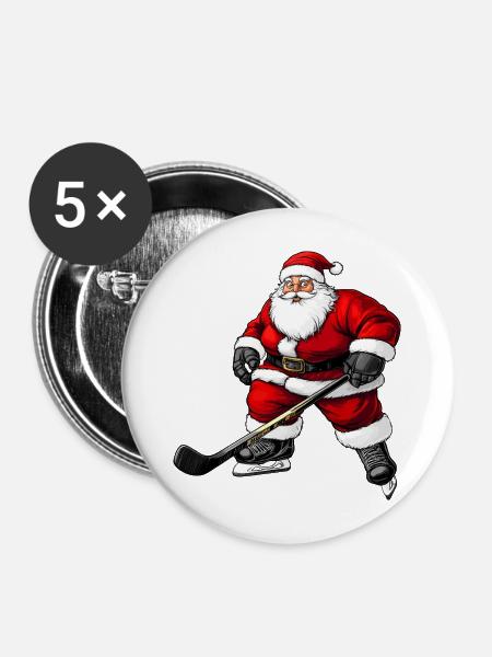 Dicker Eishockey Weihnachtsmann - Buttons mittel 32 mm (5er Pack) - Weiß