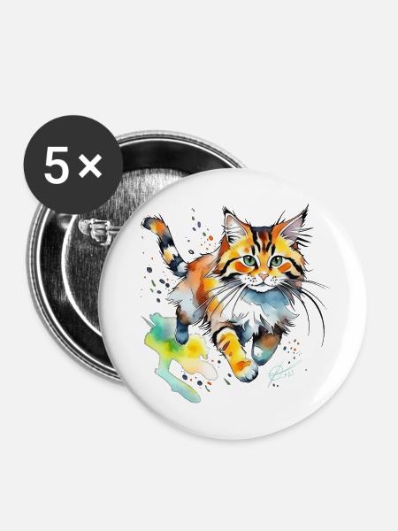 springende  Katze im wasserfarbenlook - Buttons mittel 32 mm (5er Pack) - Weiß