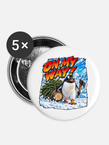 Bin unterwegs! Gentoo-Pinguin - Buttons mittel 32 mm (5er Pack) - Weiß