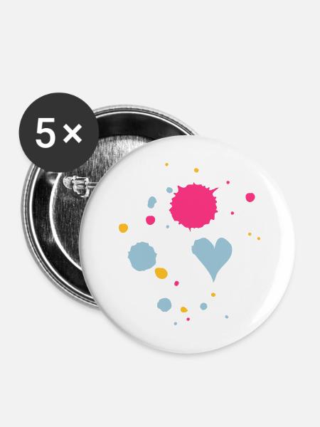 Farbkleckse,Tropfen und Herz - Buttons mittel 32 mm (5er Pack) - Weiß