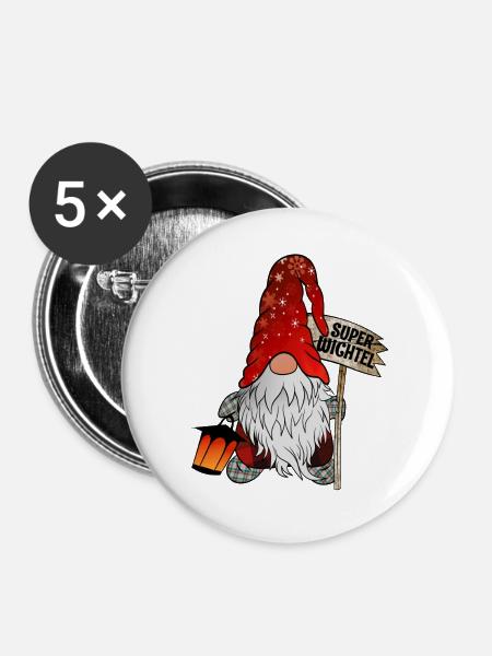 Christmas Gnome Super Wichtel - Buttons mittel 32 mm (5er Pack) - Weiß