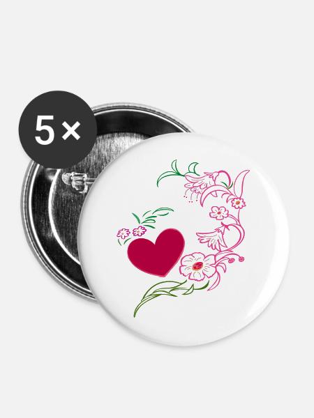 Blumenranke mit Herz - Buttons mittel 32 mm (5er Pack) - Weiß