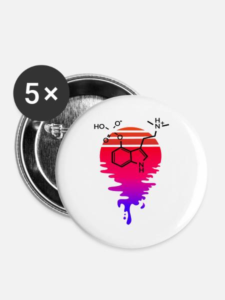 Psilocybin Molekül mit Retro Sunset - Buttons mittel 32 mm (5er Pack) - Weiß