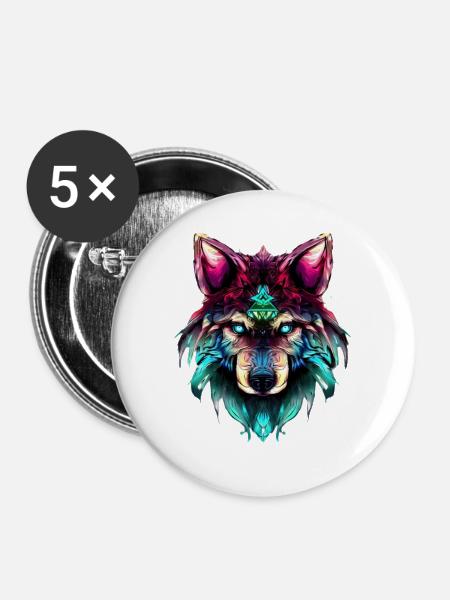 Mystischer Wolf Synthwave Wolfskopf - Buttons mittel 32 mm (5er Pack) - Weiß