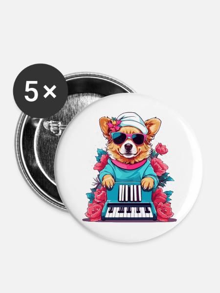 Hund mit Piano - Buttons mittel 32 mm (5er Pack) - Weiß