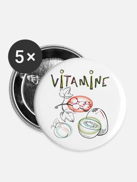 Vitamine, Obst - Buttons mittel 32 mm (5er Pack) - Weiß