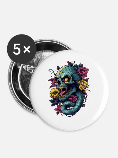 Skull and Snake - Buttons mittel 32 mm (5er Pack) - Weiß