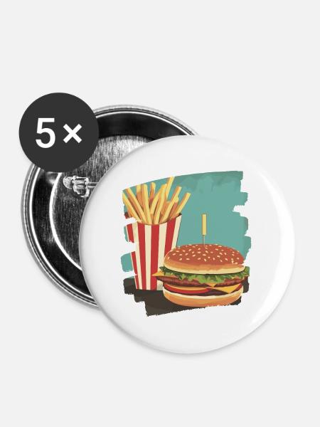 Burger und Fritten Retro - Buttons mittel 32 mm (5er Pack) - Weiß