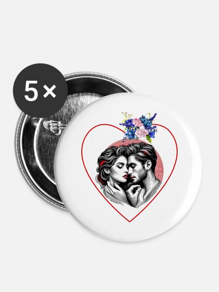 Herzduo im Blütenrahmen - Buttons mittel 32 mm (5er Pack) - Weiß
