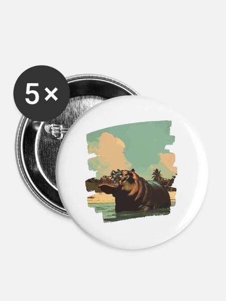 Nilpferd Retro - Buttons mittel 32 mm (5er Pack) - Weiß