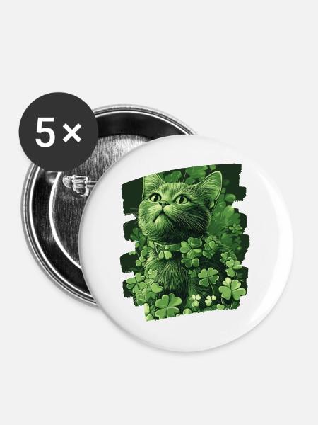 St Patricks day Katze - Buttons mittel 32 mm (5er Pack) - Weiß