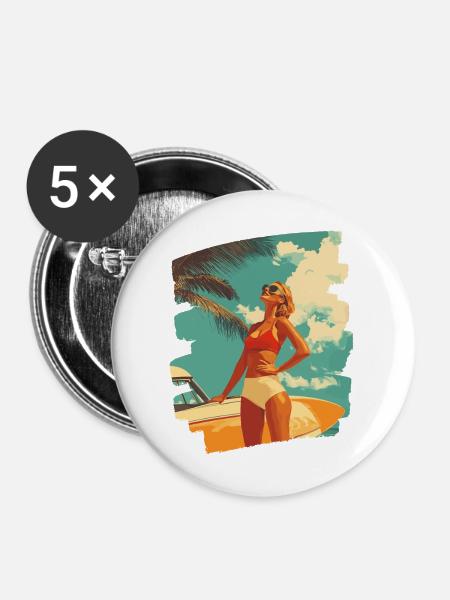 Sommer Sonne Retro - Buttons mittel 32 mm (5er Pack) - Weiß