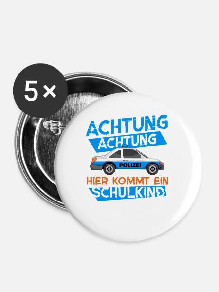 Polizeiauto mit Warnmeldung zum Schulstart - Buttons mittel 32 mm (5er Pack) - Weiß