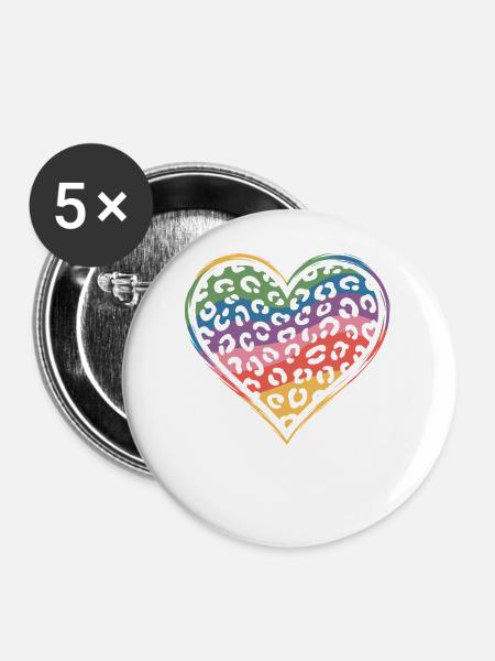 Regenbogen Leopard Herz Design - Buttons mittel 32 mm (5er Pack) - Weiß