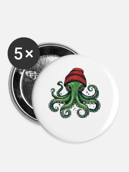 Oktopus mit roter Mütze - Buttons mittel 32 mm (5er Pack) - Weiß