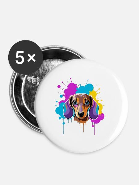 Kunterbunter Dackel Splatter Popart - Buttons mittel 32 mm (5er Pack) - Weiß