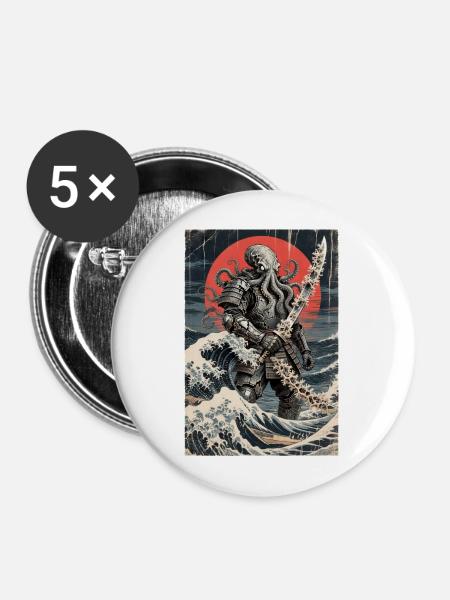 Samurai Oktopus Tentakel Monster Japanisch Ukiyo-e - Buttons mittel 32 mm (5er Pack) - Weiß