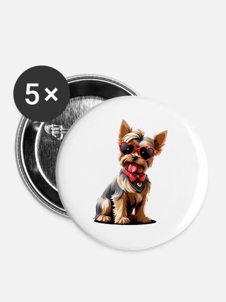 Yorkie mit Herzsonnenbrille - Buttons mittel 32 mm (5er Pack) - Weiß