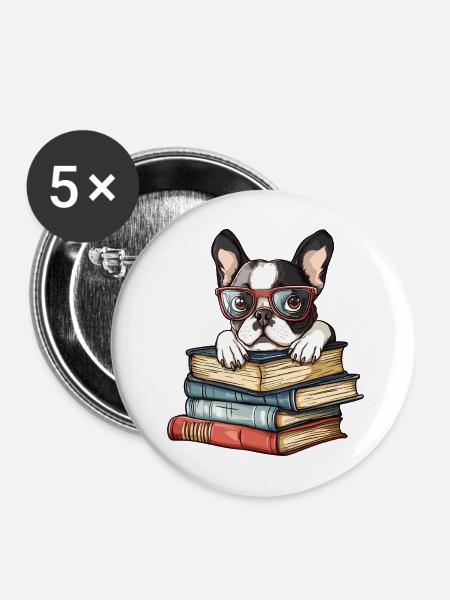 Süßes Boston-Terrier-Hundelesebuch mit Brille - Buttons mittel 32 mm (5er Pack) - Weiß