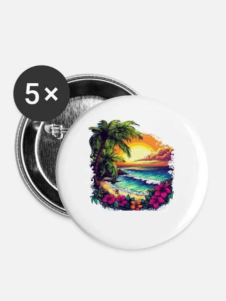 Palmenstrand Sunset Hibiskus - Buttons mittel 32 mm (5er Pack) - Weiß
