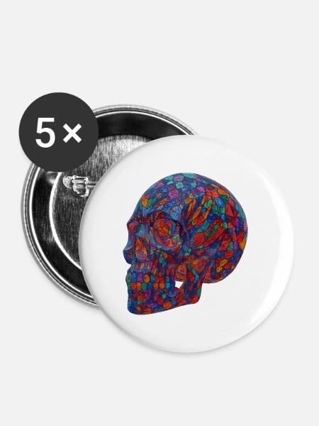 Bunter Mosaik-Schädel - Buttons mittel 32 mm (5er Pack) - Weiß