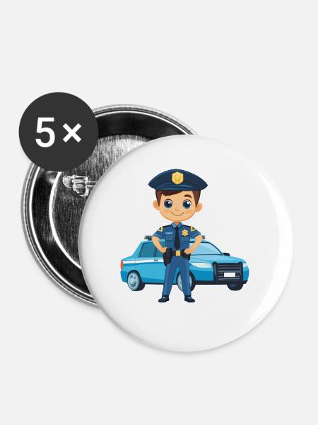 Polizeiheld Cartoon vor Polizeiauto - Buttons mittel 32 mm (5er Pack) - Weiß