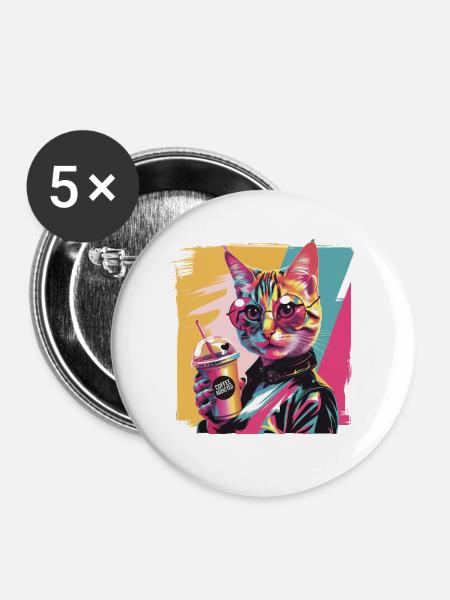Popart Katze mit Lederjacke und Kaffee - Buttons mittel 32 mm (5er Pack) - Weiß