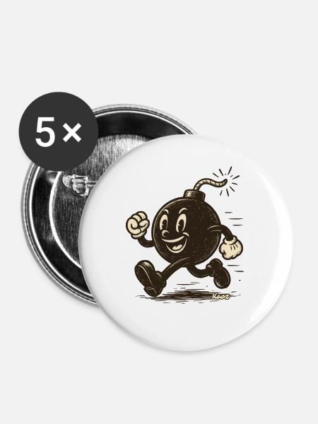 Laufende Cartoon-Bombe - Buttons mittel 32 mm (5er Pack) - Weiß