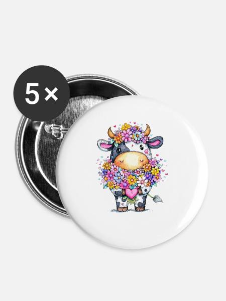 Kuh mit Blumenkranz - Buttons mittel 32 mm (5er Pack) - Weiß