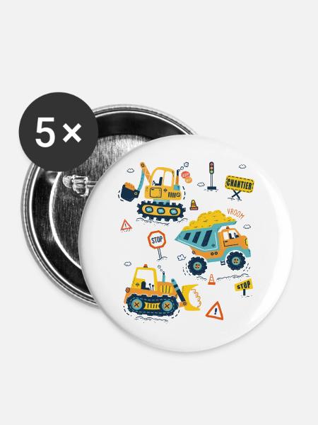 Baumaschinen, niedlicher Baggerfahrer - Buttons mittel 32 mm (5er Pack) - Weiß