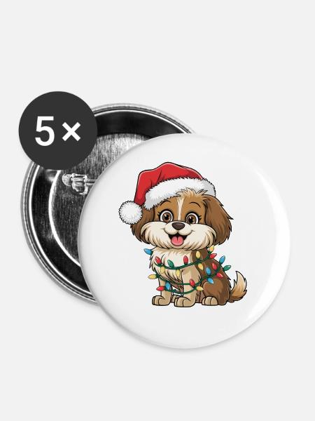 Weihnachtshund mit Lichterkette - Buttons mittel 32 mm (5er Pack) - Weiß