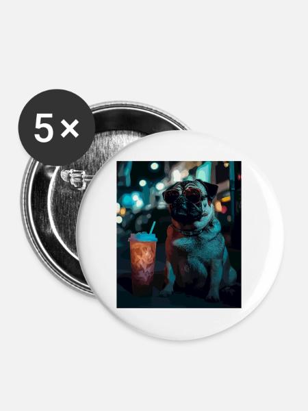 Neon-Pug im Nachtleben - Buttons mittel 32 mm (5er Pack) - Weiß
